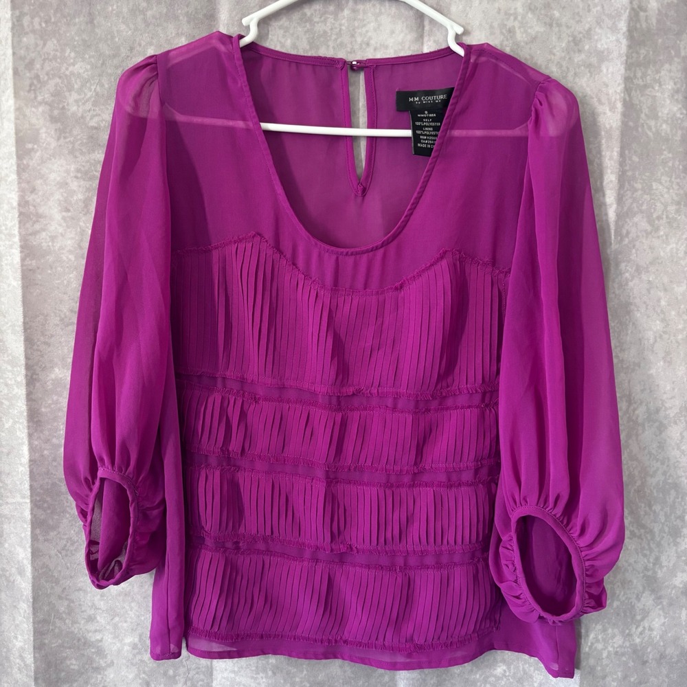 Miss‎ Me Couture Women S Pleated Tiered Blouse Magenta 3/4 Balloon Sleeve Boho